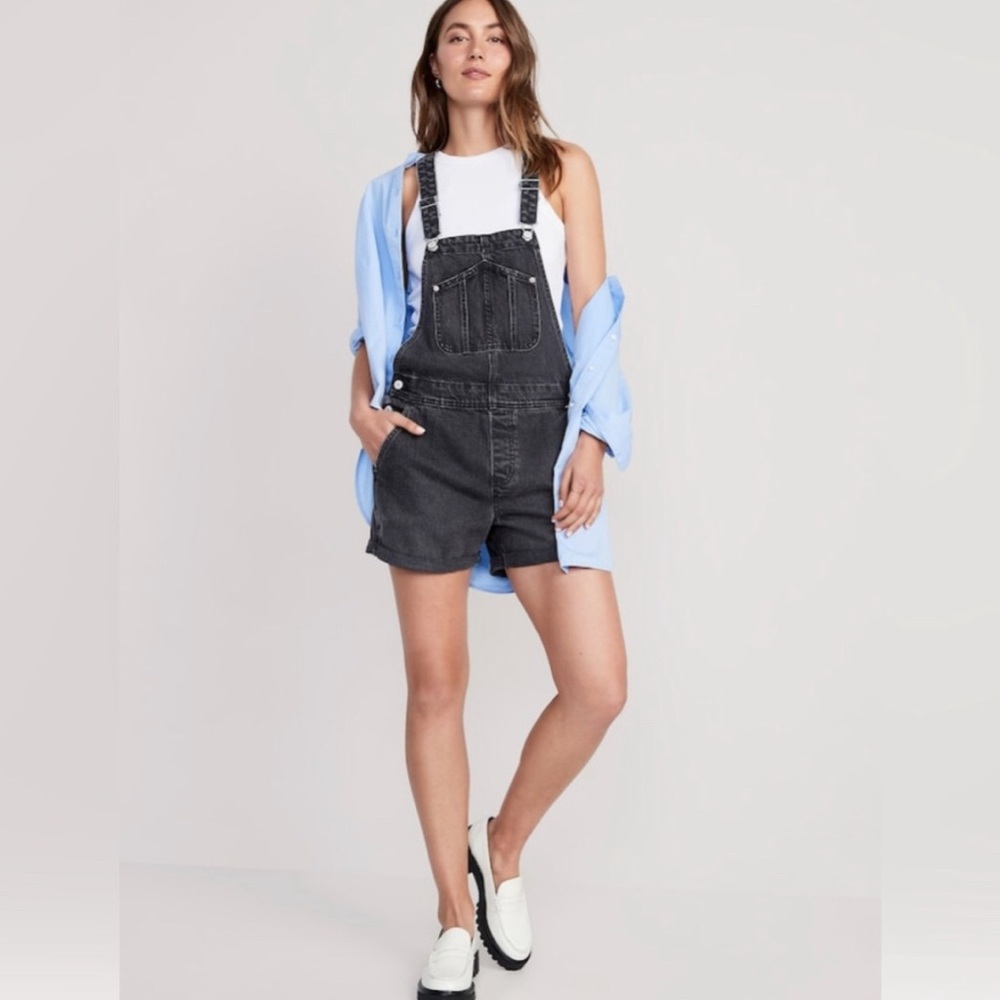 Old Navy Faded Black Slouchy Jean Shortalls